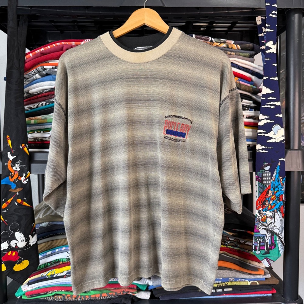 Vintage Gray Bugle Boy Challenge Global Awareness Striped Shirt Medium Cropped